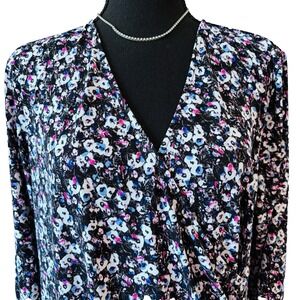 Liz Claiborne Floral Blouse Size XL Black V-Neck Long Sleeve Stretch Lightweight